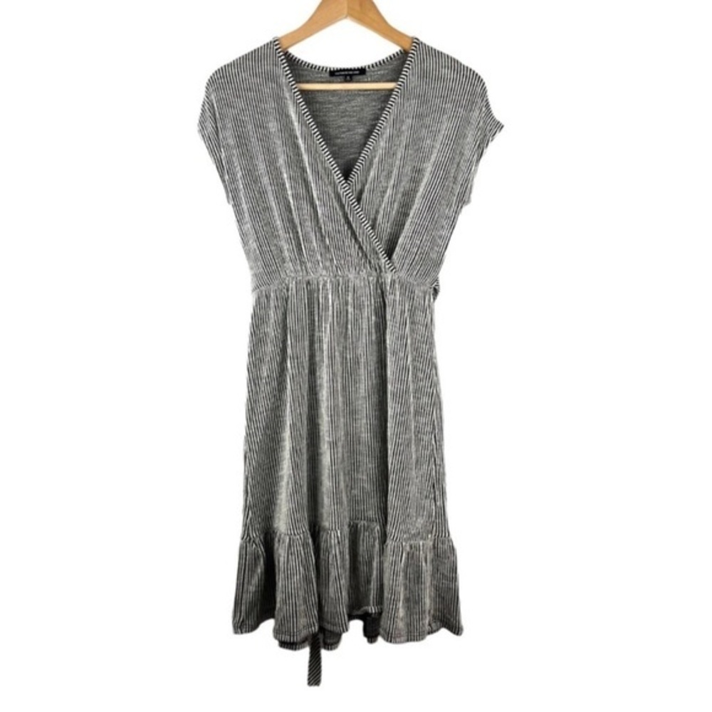 Caution To the Wind Grey & White Striped Soft V-Neck Casual Mini Dress